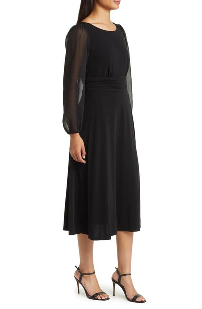Shop Connected Apparel Chiffon Long Sleeve Midi Dress In Black