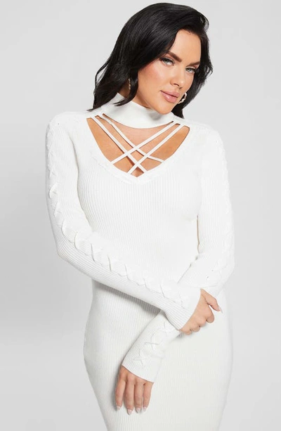Shop Guess Dylan Lace-up Detail Long Sleeve Sweater Dress In Cream
