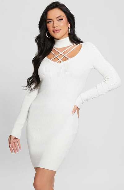 Shop Guess Dylan Lace-up Detail Long Sleeve Sweater Dress In Cream