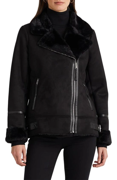 Shop Lauren Ralph Lauren Faux Shearling & Faux Leather Moto Jacket In Black