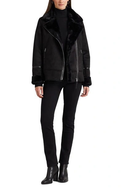 Shop Lauren Ralph Lauren Faux Shearling & Faux Leather Moto Jacket In Black