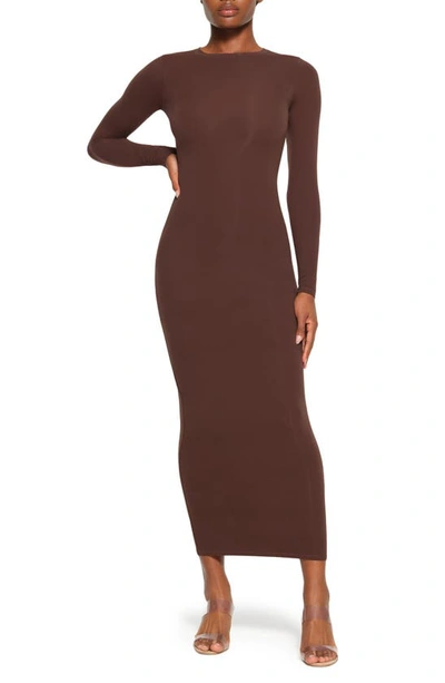 Shop Skims Fits Everybody Long Sleeve Crewneck Dress In Cocoa