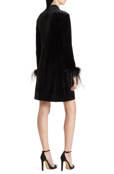 Shop Eliza J Feather Trim Keyhole Cutout Long Sleeve Velvet Cocktail Dress In Black
