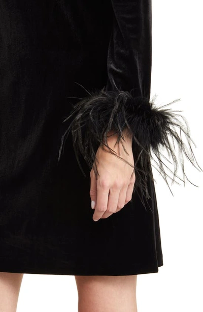 Shop Eliza J Feather Trim Keyhole Cutout Long Sleeve Velvet Cocktail Dress In Black