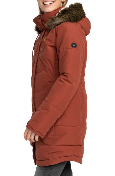 Shop Roxy Ellie Warmlink® Durable Water Repellent Coat With Faux Fur Trim In Smoked Paprika