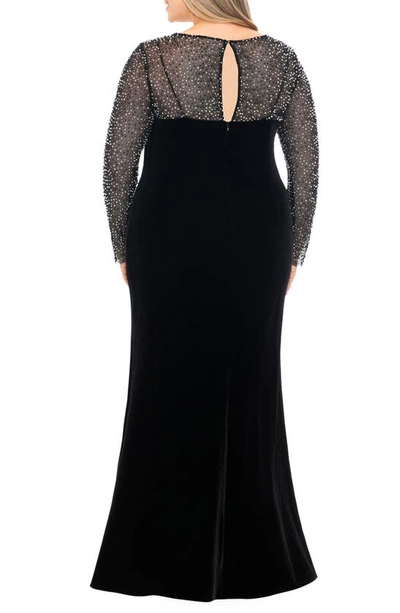 Shop Betsy & Adam Faraj Embellished Cutout Long Sleeve Velvet Gown In Black/ Silver