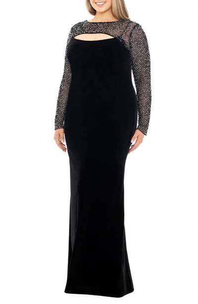 Shop Betsy & Adam Faraj Embellished Cutout Long Sleeve Velvet Gown In Black/ Silver