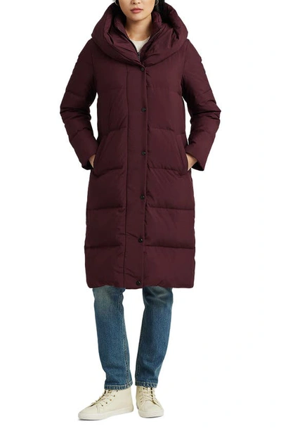 Shop Lauren Ralph Lauren Pillow Hood Longline Down & Feather Jacket In Vintage Burgundy