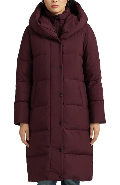 Shop Lauren Ralph Lauren Pillow Hood Longline Down & Feather Jacket In Vintage Burgundy