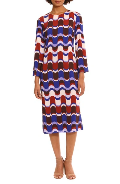 Shop Donna Morgan For Maggy Geo Print Long Sleeve Midi Shift Dress In Beige/ Brown
