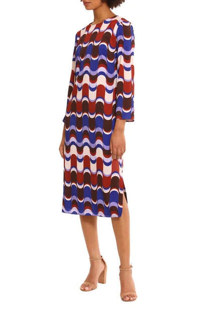 Shop Donna Morgan For Maggy Geo Print Long Sleeve Midi Shift Dress In Beige/ Brown