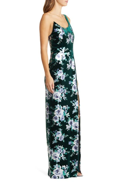 Shop Black Halo Spice Floral One-shoulder Velvet Sheath Gown In Frosted Jewel