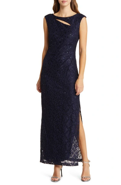 Shop Connected Apparel Sequin Lace Sheath Gown In Navy