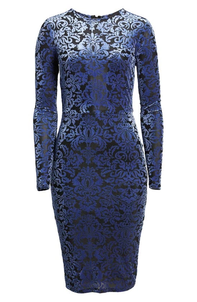 Shop Bebe Velvet Burnout Long Sleeve Cocktail Dress In Blue/ Black