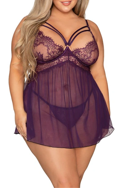 Shop Dreamgirl Eyelash Lace Underwire Babydoll Chemise & Thong Set In Plum