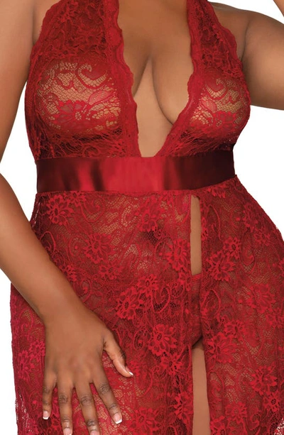 Dreamgirl Lace Halter Nightgown & G-string Set In Garnet