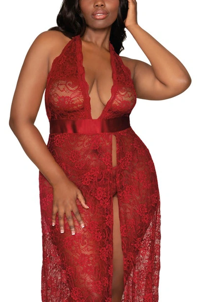 Dreamgirl Lace Halter Nightgown & G-string Set In Garnet
