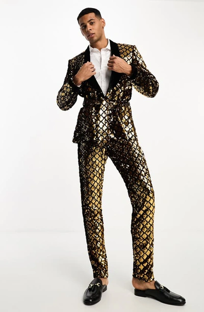 Shop Asos Design Skinny Sequin Belted Suit Jacket In Gold