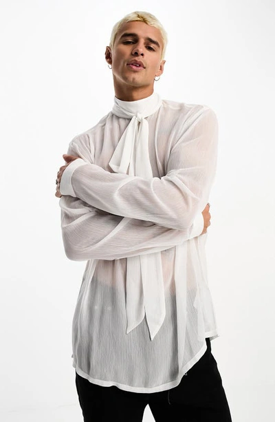 Shop Asos Design Bow Long Sleeve Crepe Shirt In White