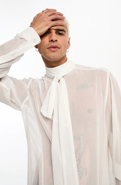 Shop Asos Design Bow Long Sleeve Crepe Shirt In White
