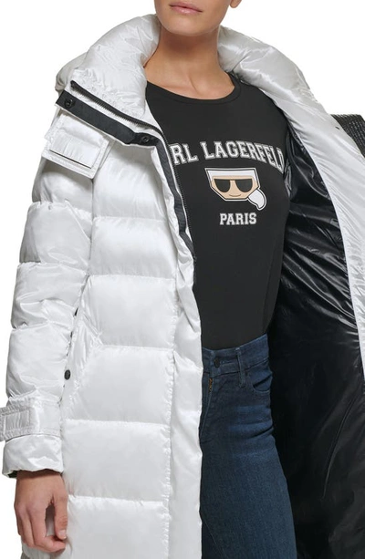 Shop Karl Lagerfeld Contrast Belted Longline Puffer Jacket In White