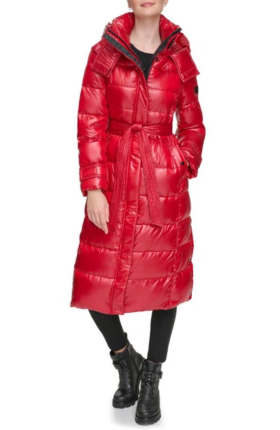 Shop Karl Lagerfeld Contrast Belted Longline Puffer Jacket In Red
