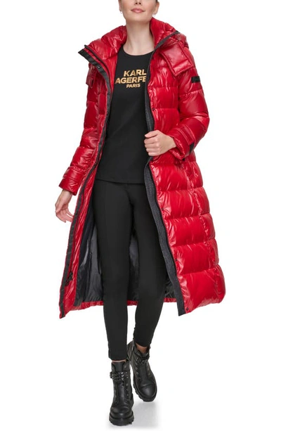 Shop Karl Lagerfeld Contrast Belted Longline Puffer Jacket In Red