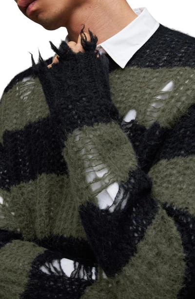 Shop Allsaints Sid Distressed Stripe Alpaca Blend Crewneck Sweater In Black/ Green