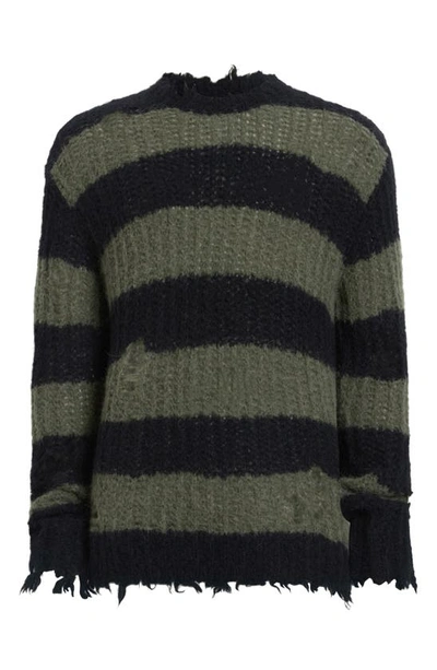 Shop Allsaints Sid Distressed Stripe Alpaca Blend Crewneck Sweater In Black/ Green