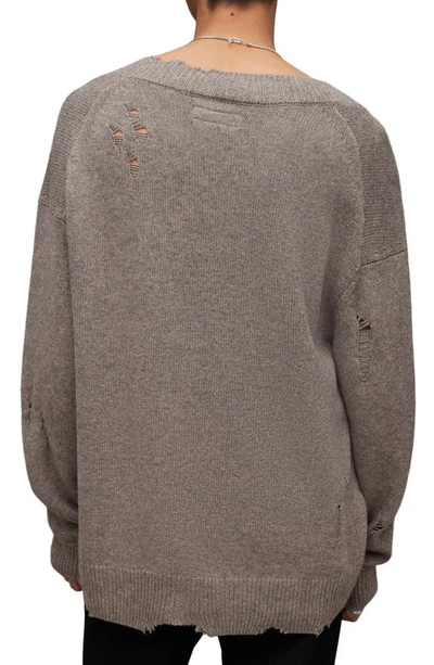 Shop Allsaints Vicious Distressed Wool & Cotton V-neck Sweater In Fawn Brown Marl