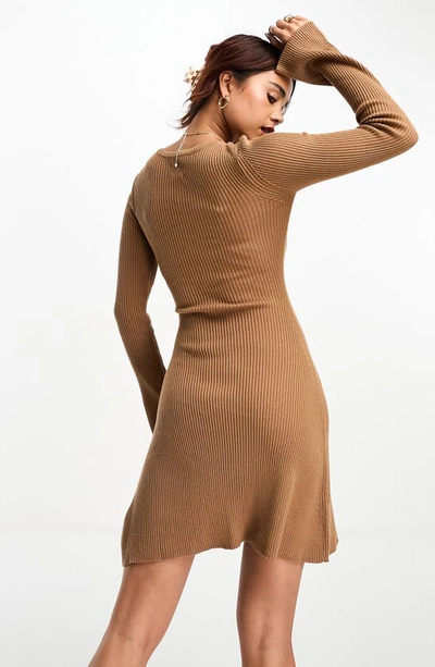 Shop Asos Design Long Sleeve Fit & Flare Sweater Dress In Camel