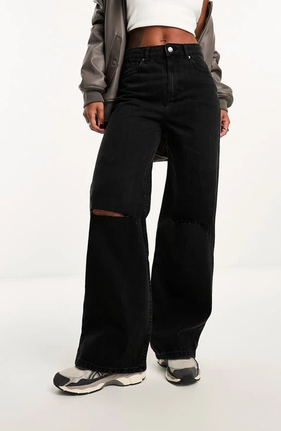 Shop Asos Design Ripped Wide Leg Dad Jeans In Black