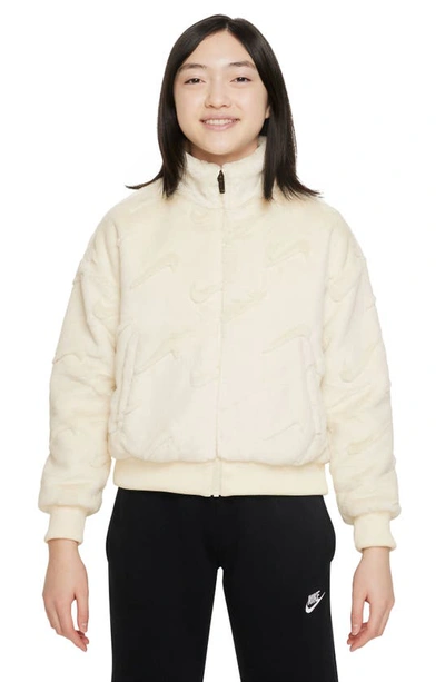 Shop Nike Kids' Sportswear Swoosh Faux Fur Jacket In Coconut Milk