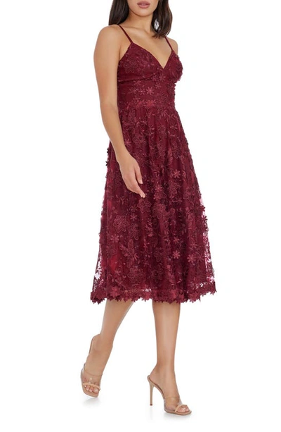 Shop Dress The Population Tahani Floral Embroidered Fit & Flare Midi Dress In Burgundy