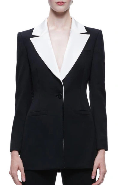 Shop Alice And Olivia Silvie Contrast Trim Shoulder Pad Blazer In Black/ Ecru