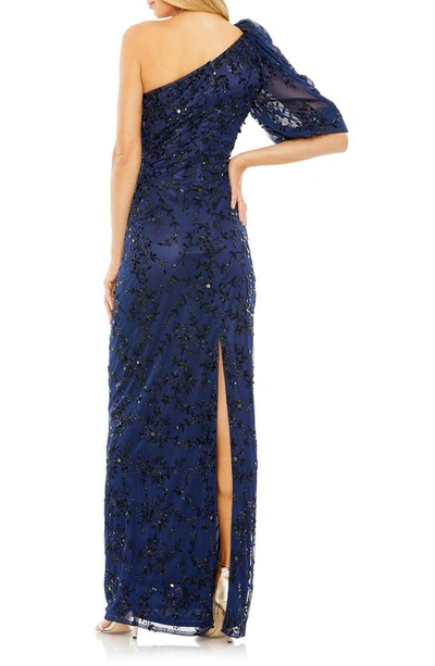 Shop Mac Duggal Embellished Puff Sleeve One-shoulder Gown In Midnight