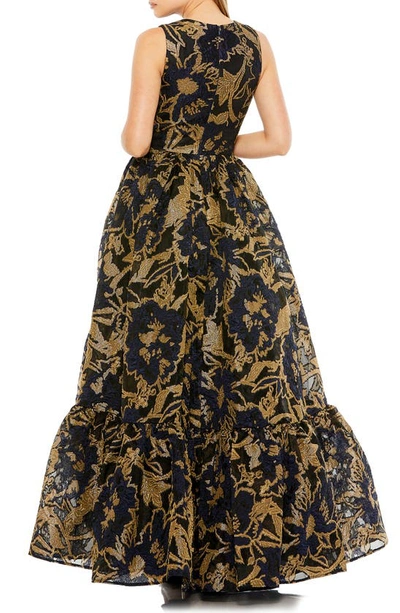 Shop Mac Duggal Brocade High-low Gown In Midnight Gold