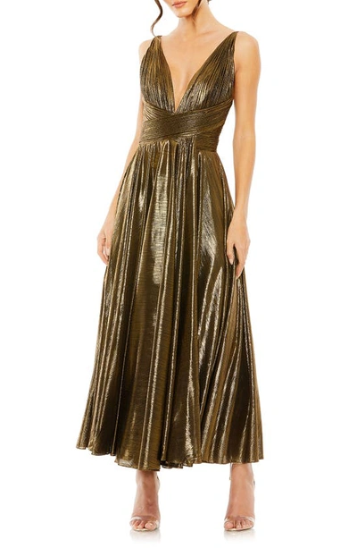 Shop Mac Duggal Pleated Metallic Cocktail Dress In Antique Gold