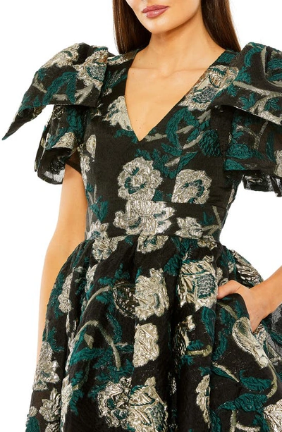 Shop Mac Duggal Accent Bow Puff Sleeve Brocade Cocktail Minidress In Emerald