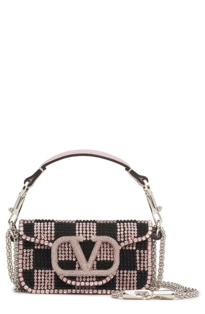 Shop Valentino Small Locò Crystal & Bead Embellished Checkerboard Shoulder Bag In Zp1 Jet-vintage Rose/lilac