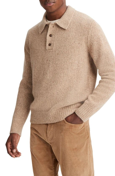 Shop Vince Donegal Tweed Cashmere Polo Sweater In Camel