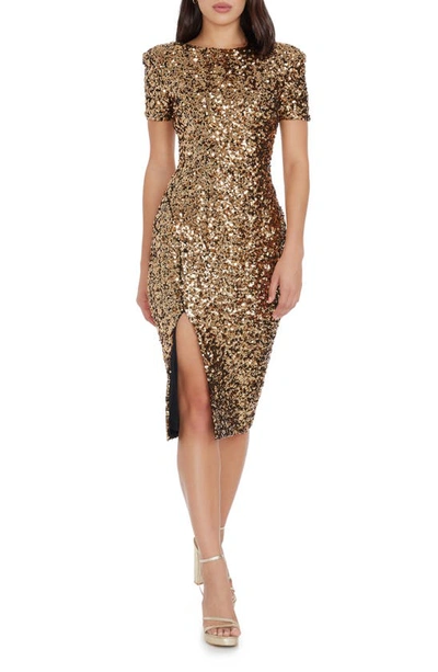 Shop Dress The Population Natasha Sequin Sheath Midi Dress In Gold