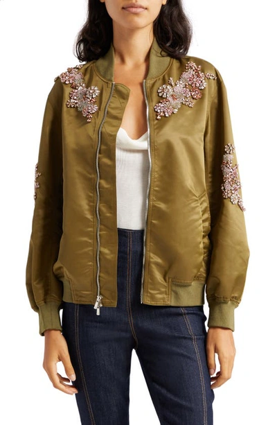 Shop Cinq À Sept Tallula Flower Embellished Nylon Bomber Jacket In Olive