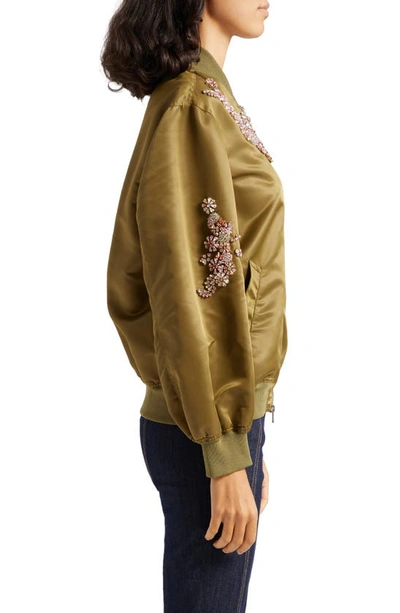 Shop Cinq À Sept Tallula Flower Embellished Nylon Bomber Jacket In Olive
