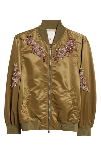 Shop Cinq À Sept Tallula Flower Embellished Nylon Bomber Jacket In Olive