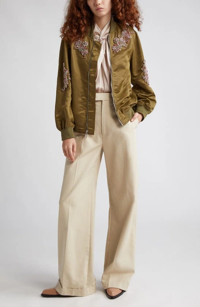 Shop Cinq À Sept Tallula Flower Embellished Nylon Bomber Jacket In Olive