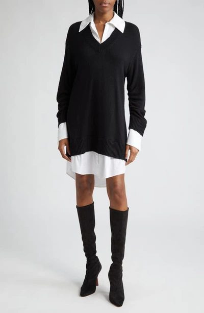 Shop Cinq À Sept Embroidered Collar Santina Long Sleeve Sweater Shirtdress In Black/ White