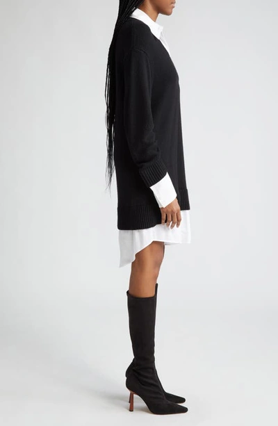 Shop Cinq À Sept Embroidered Collar Santina Long Sleeve Sweater Shirtdress In Black/ White