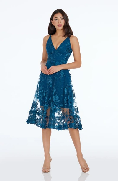 Shop Dress The Population Audrey Embroidered Fit & Flare Dress In Peacock Blue
