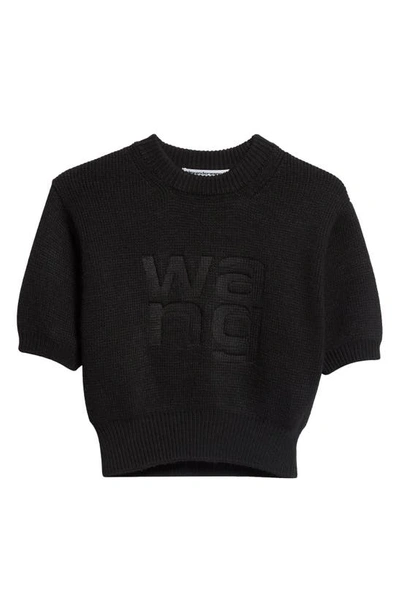 Shop Alexander Wang Embossed Logo Short Sleeve Crop Sweater In 001 Black